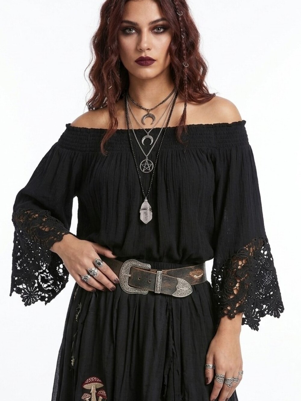 Anthropologie Raga Black Smocked Off Shoulder Boho Lace Sleeve Peasant Top M